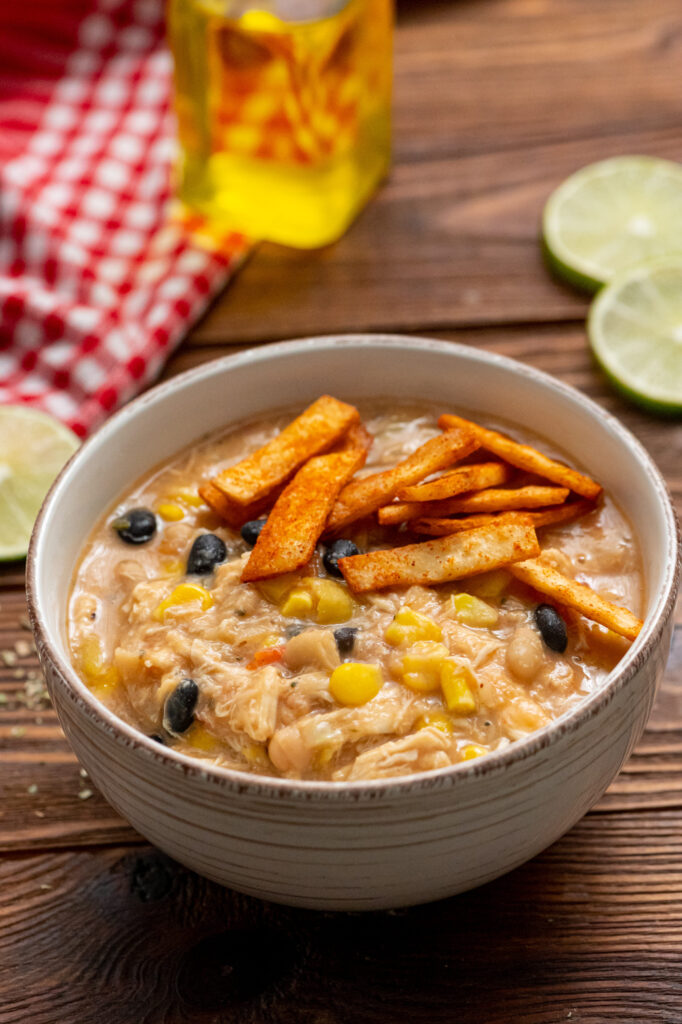 creamy soup that is packed with chicken, beans, and corn