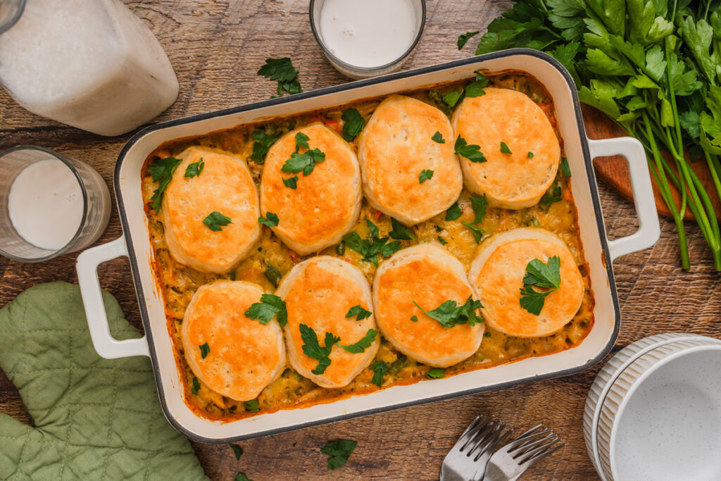 fluffy biscuits baked on top of a creamy chicken mixture.