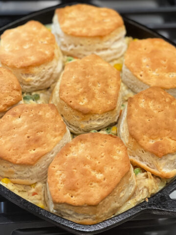 fluffy biscuits on top of hearty chicken stew