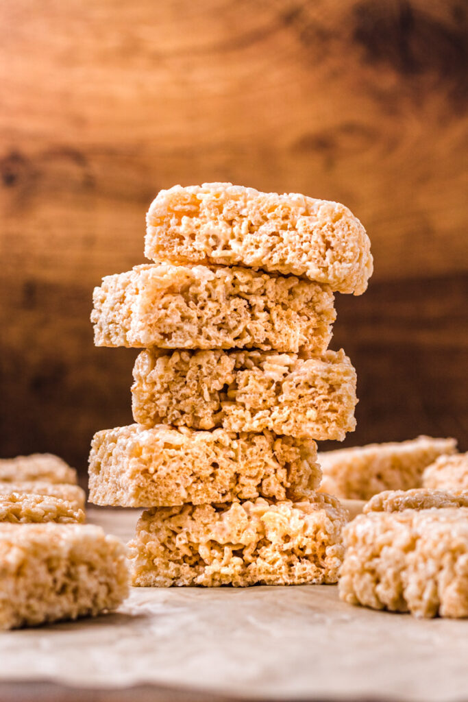 a stack of rice krispies bars ready to enjoy