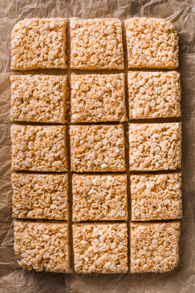 rice krispy cereal bars cut into squares
