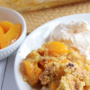canned peaches combined with cake mix for a dump cake recipe.