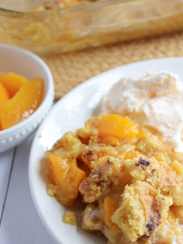 canned peaches combined with cake mix for a dump cake recipe.
