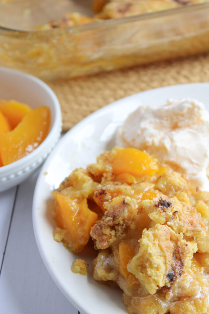 canned peaches combined with cake mix for a dump cake recipe.