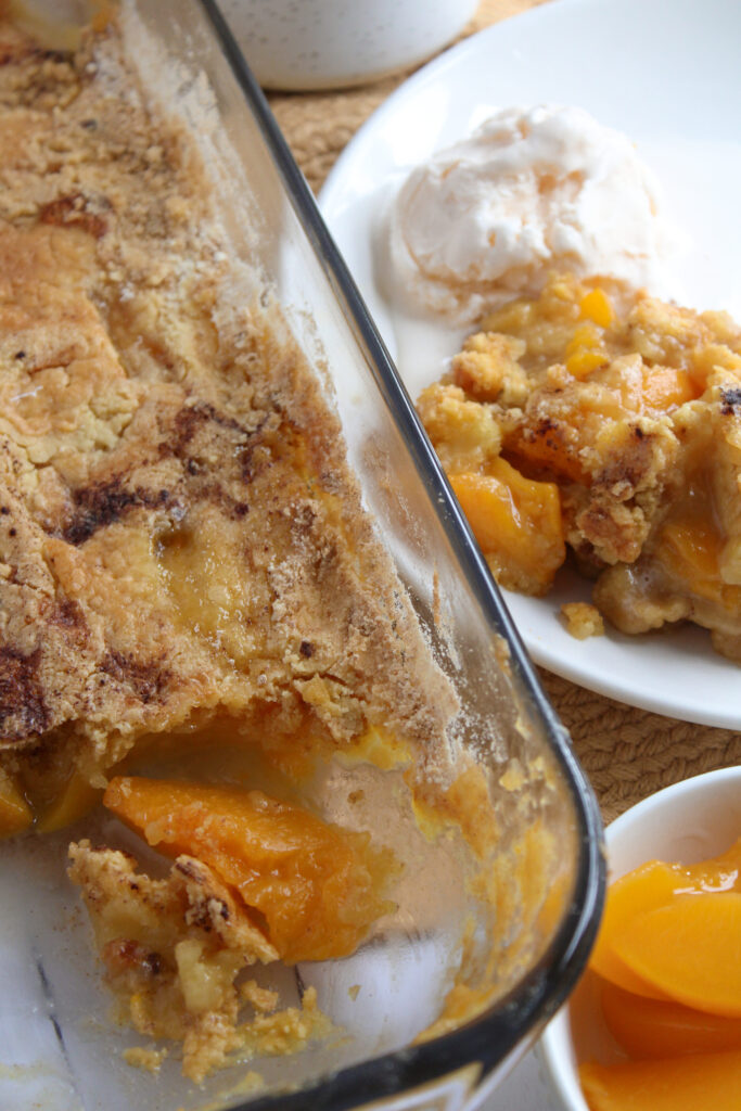 a baked peach dessert made with simple ingredients.