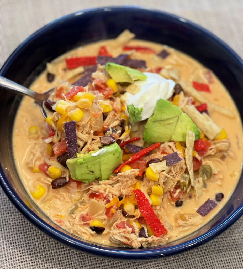 fresh toppings on top of chicken taco soup