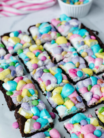 festive M & M candies combined with marshmallows on cake bars.