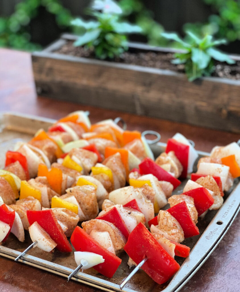 chicken and vegetable kabobs marinated with a garlic herb sauce