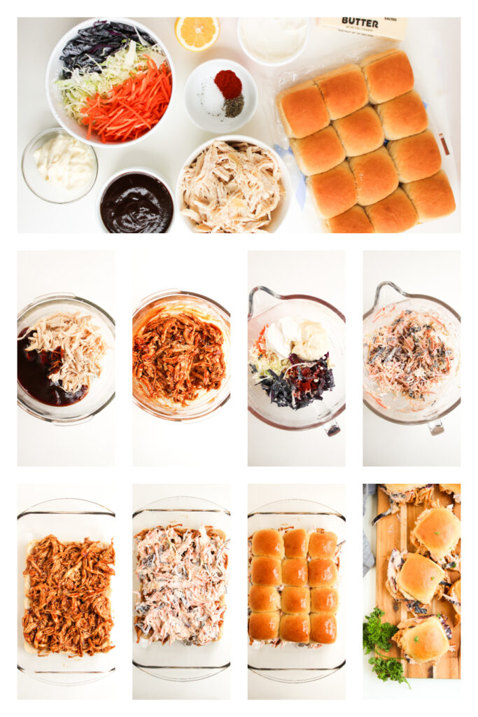 step by step on how to make crockpot BBQ chicken sliders.