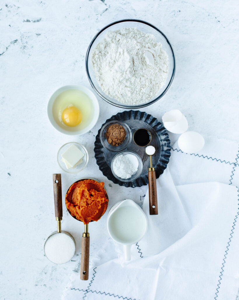 all the ingredients needed to make pumpkin spice pancakes.