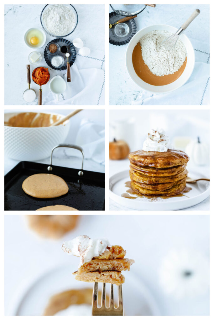 step by step on how to make pumpkin pie spice pancakes from scratch.