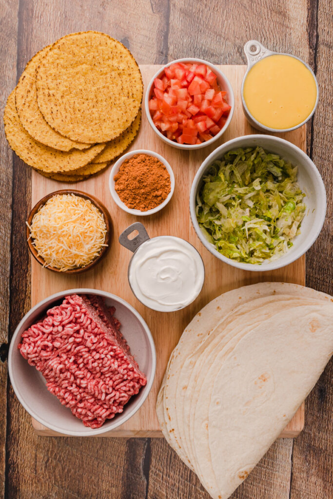all the ingredients needed for a taco bell copycat crunchwrap supreme recipe