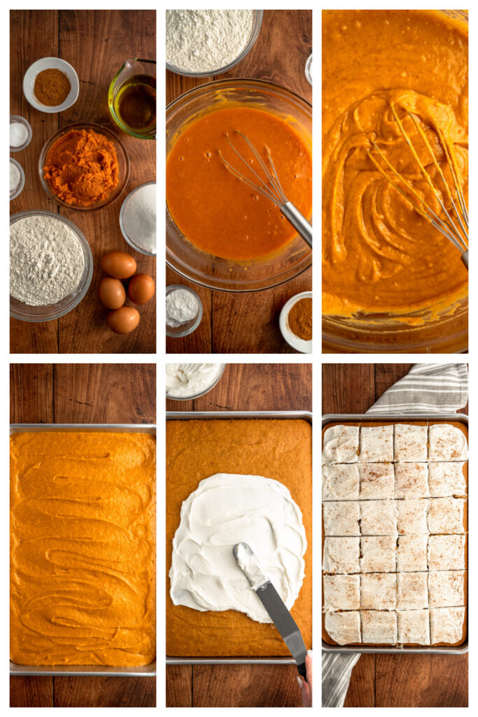 step by step on how to make a warm spiced pumpkin bar cake