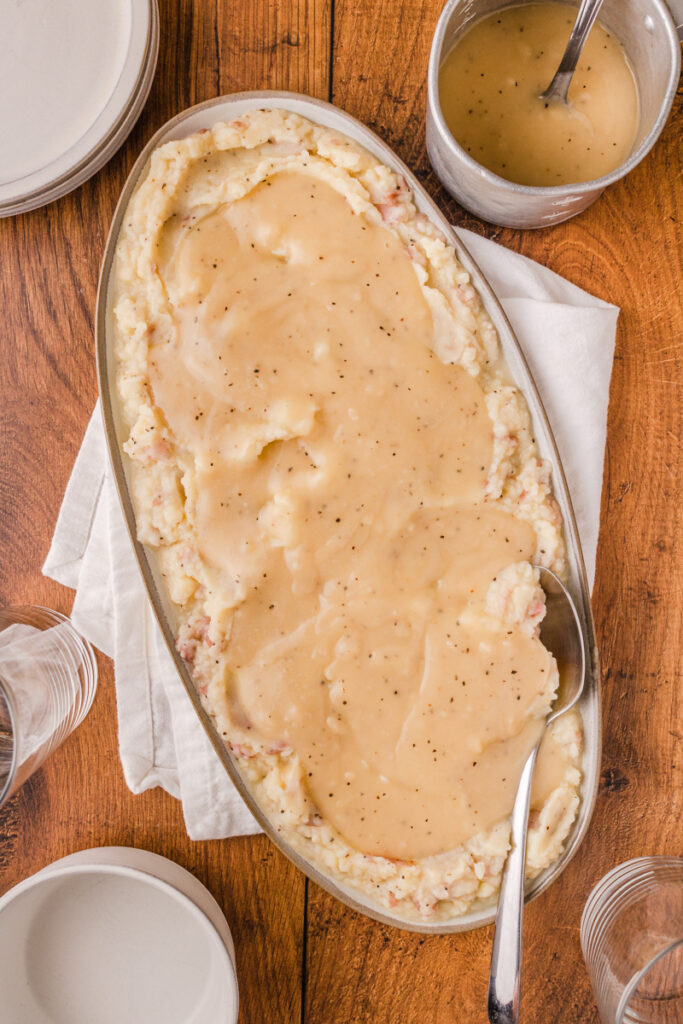 savory homemade gravy served over mashed potatoes