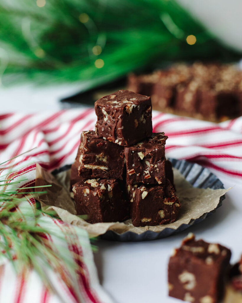 a Christmas decorated stack of creamy treats.