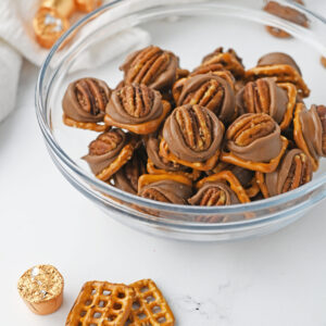 a bowl of pretzel candies made from only 3 ingredients.
