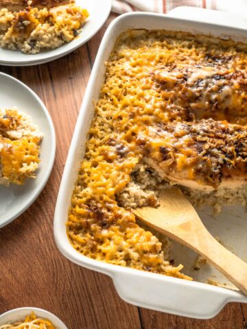 tender rice, chicken, and seasonings combined into a casserole