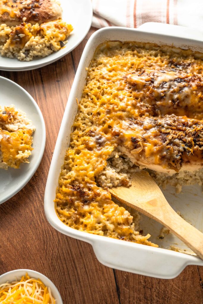 tender rice, chicken, and seasonings combined into a casserole