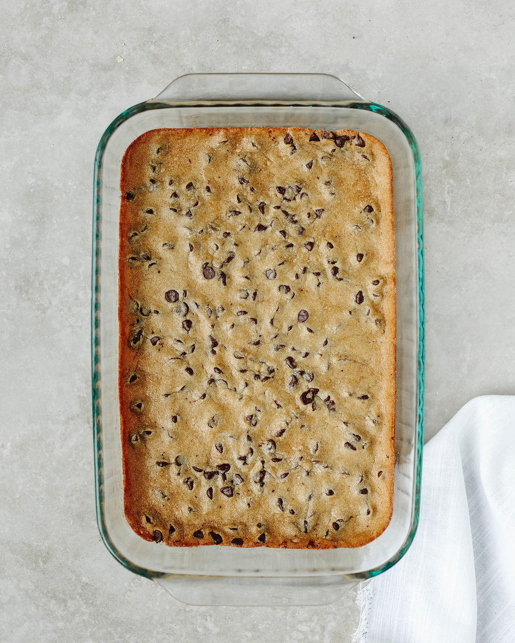 baked cookie dough in a baking dish.