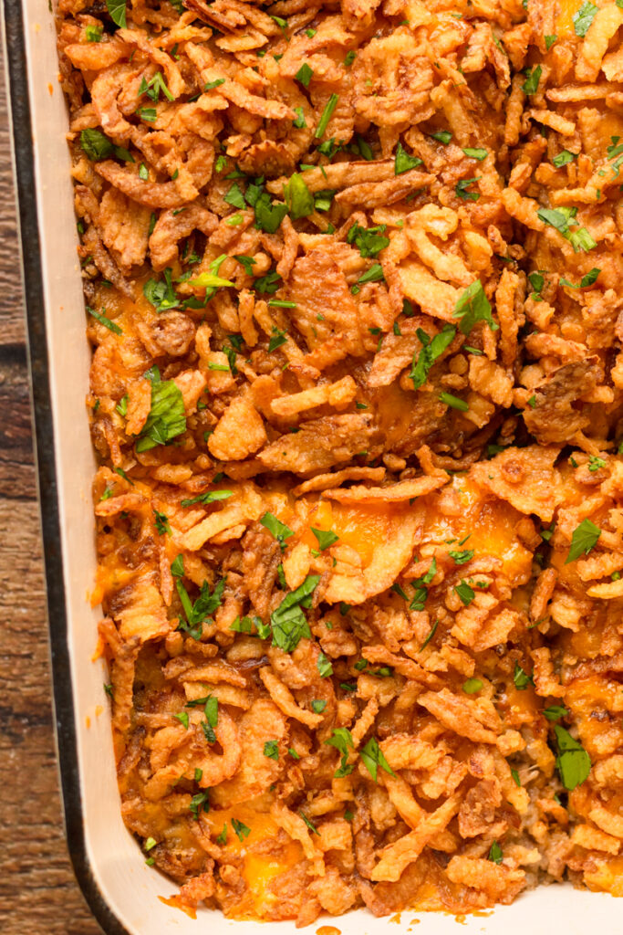 French onions on top of a hearty dinner made with simple ingredients.
