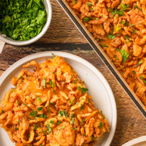 a comfort food meal served on a white plate.