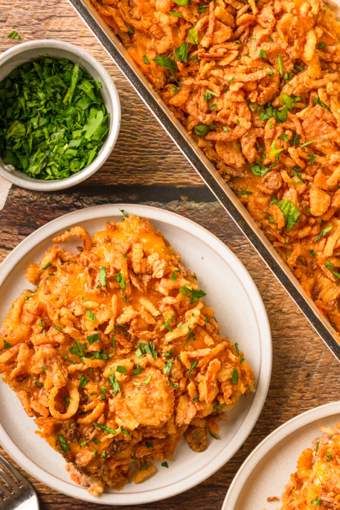 a comfort food meal served on a white plate.