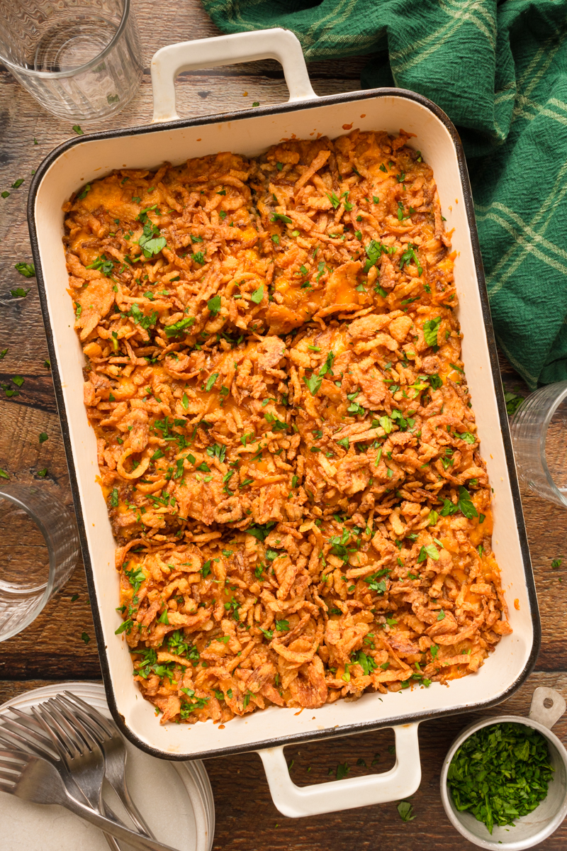 ground beef and rice casserole in a 9x13 baking dish.