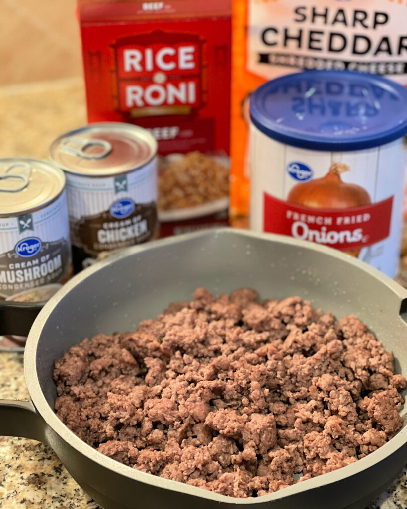 ingredients needed for cheesy beef and rice casserole