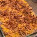 cheesy beef and rice casserole baked and ready to eat