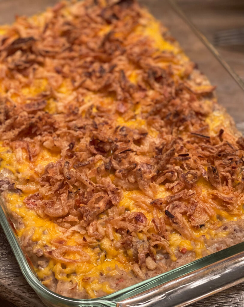 cheesy beef and rice casserole baked and ready to eat