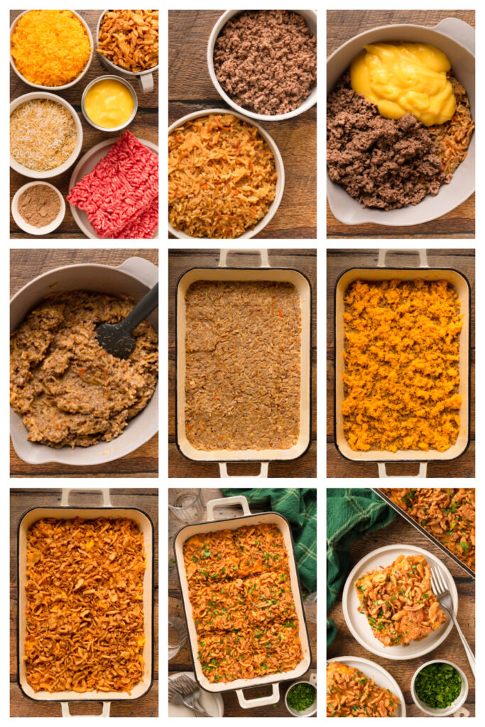 step by step on how to make cheesy beef and rice casserole.