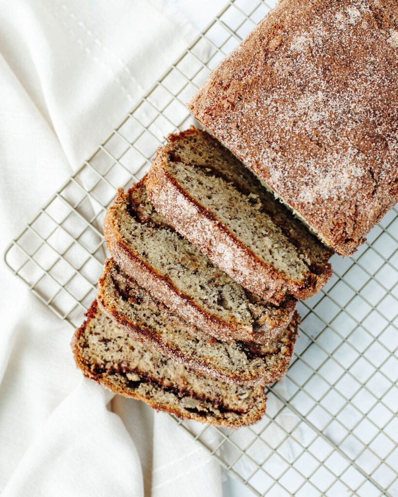 baked and ready to serve snickerdoodle banana bread.