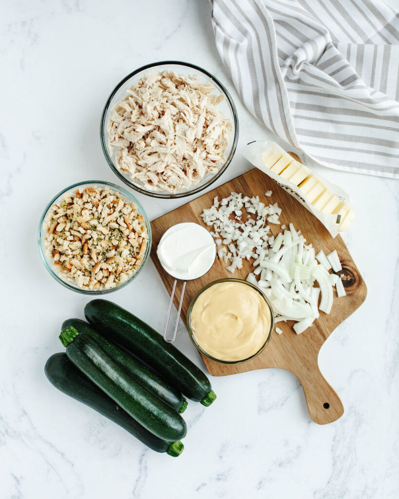 all the ingredients needed to make Chicken Zucchini Casserole.