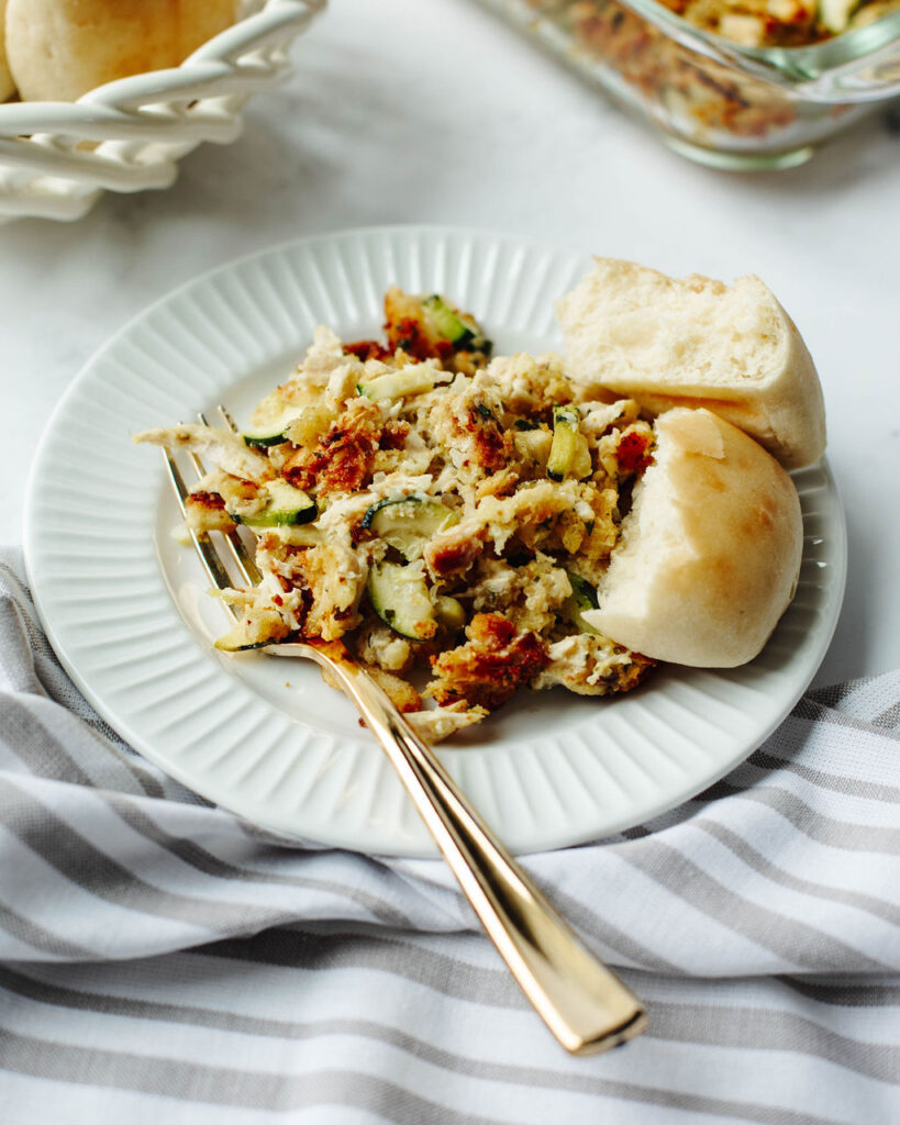 a serving of a hearty bake on a white plate.