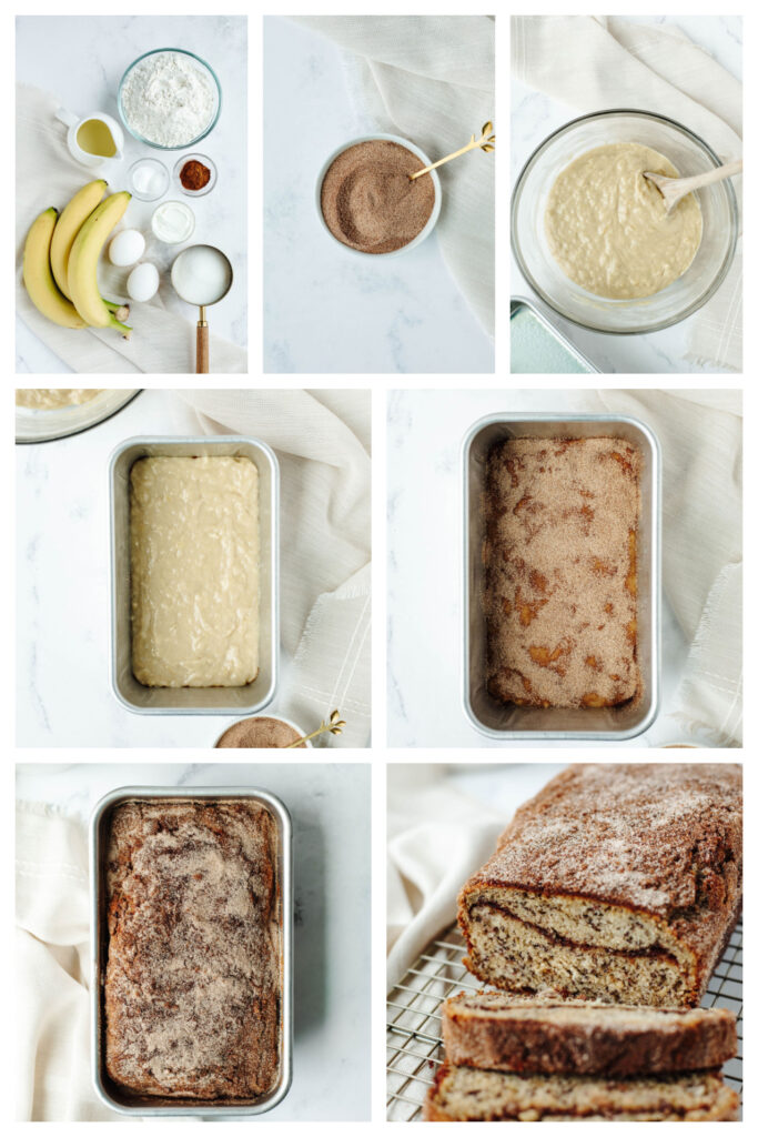 step by step on how to make cinnamon sugar swirled banana bread.
