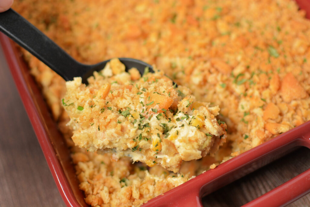 a scoop of creamy baked chicken casserole 