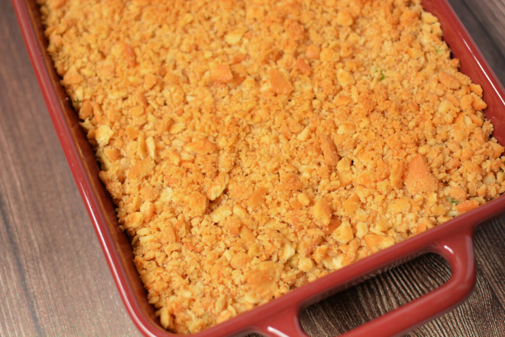 buttery, creamy chicken casserole baked and ready to serve