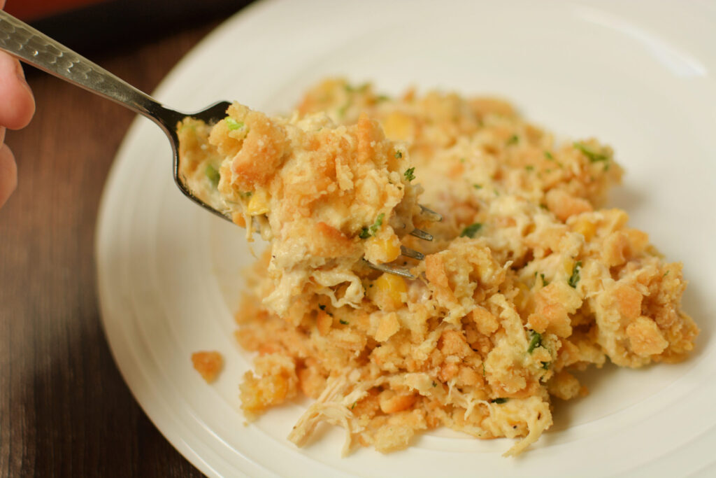 a scoop of ritz chicken casserole on a plate