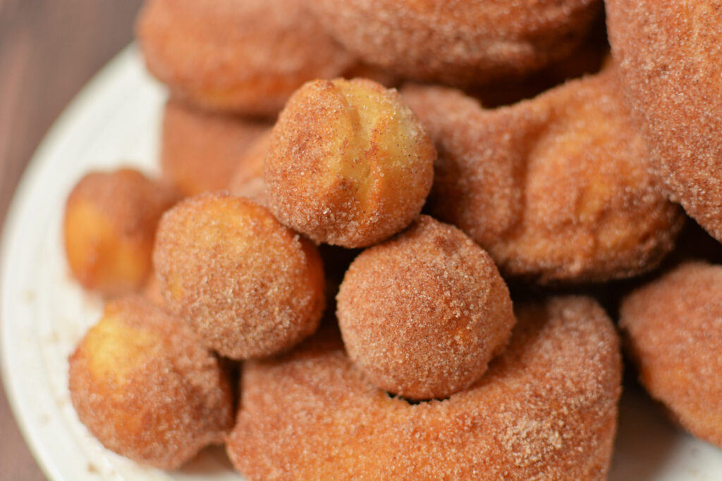 an up close look at cinnamon sugar biscuit donuts