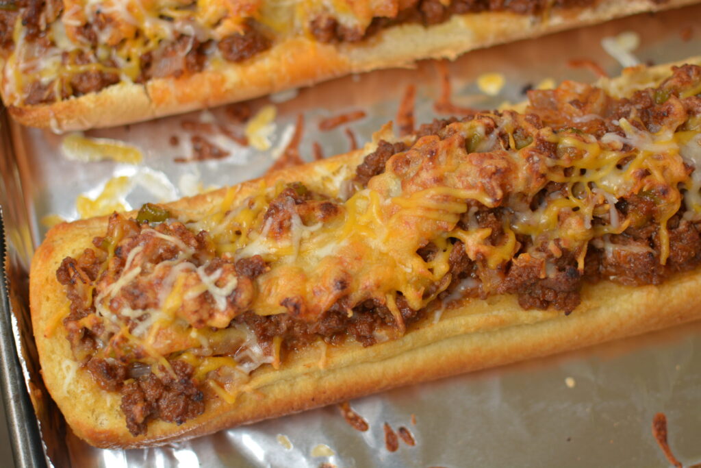 a tasty bread snack or meal with a ground beef meat mixture on top