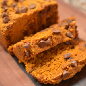 an up close look at 3 ingredient cake mix pumpkin chocolate chip bread