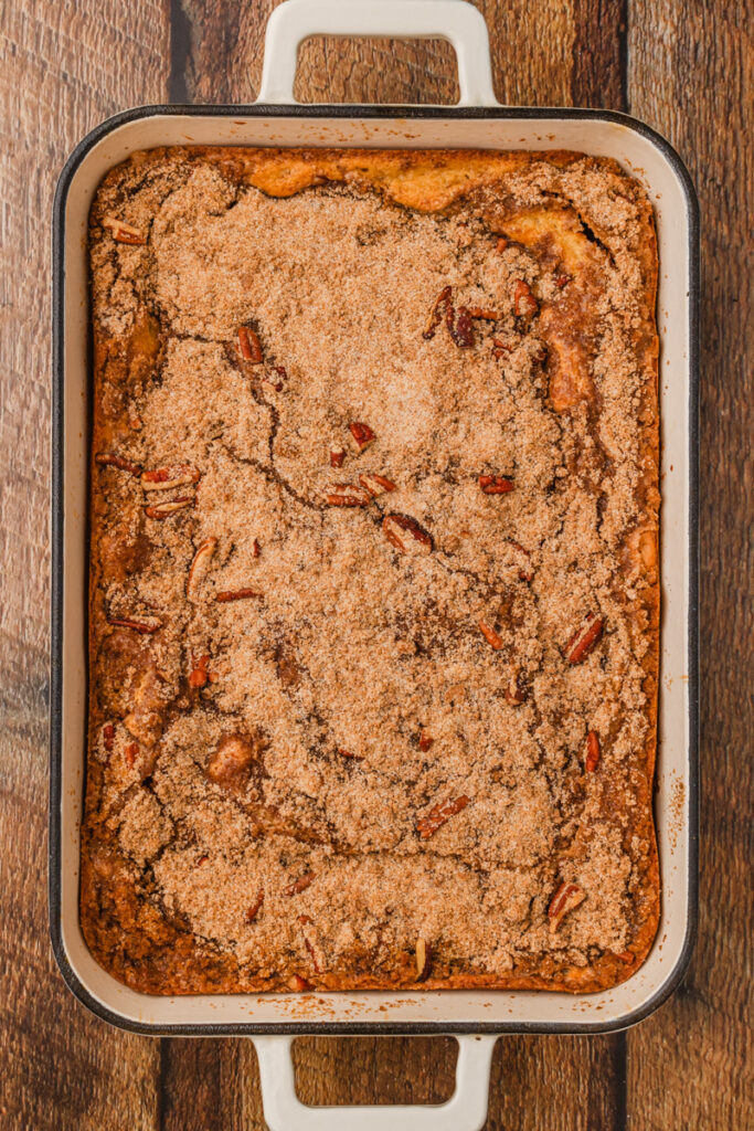 a cinnamon coffee cake baked in the oven and ready to enjoy