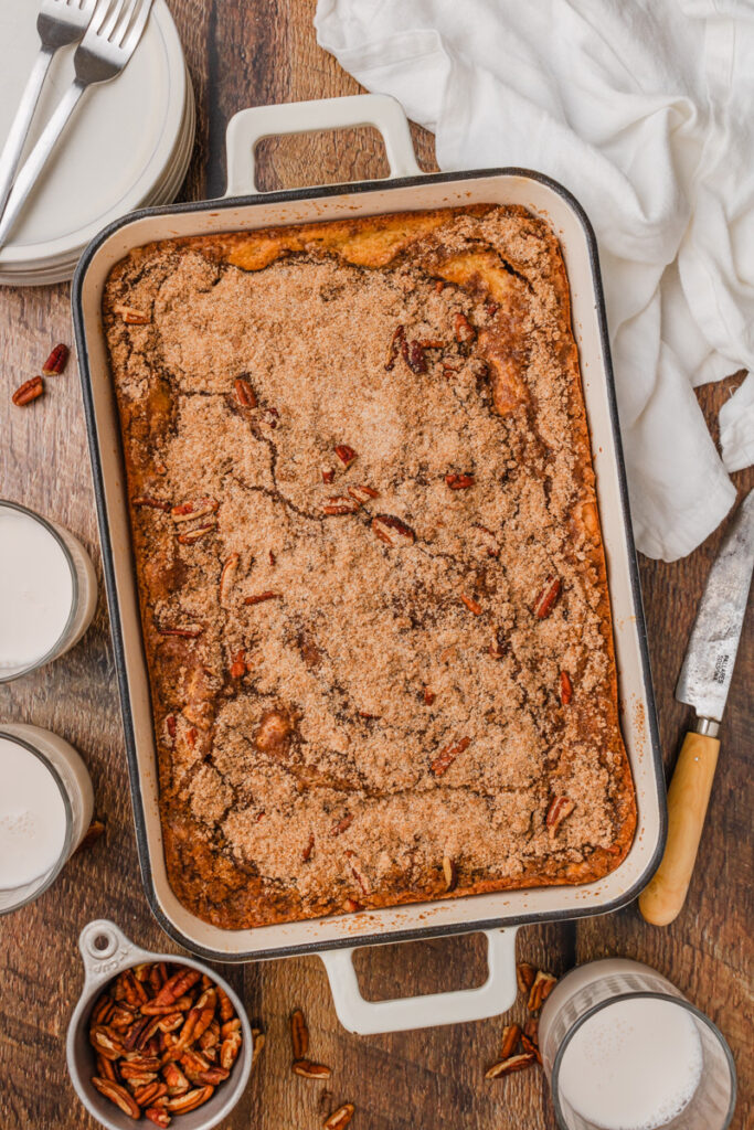 a baked cake with a cinnamon streusel throughout