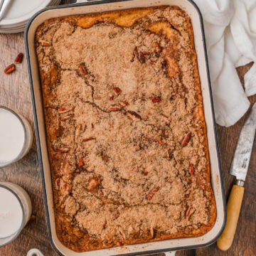 baked applesauce coffee cake ready to slice and serve.