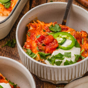 chicken taco casserole served in a small bowl for dinner.