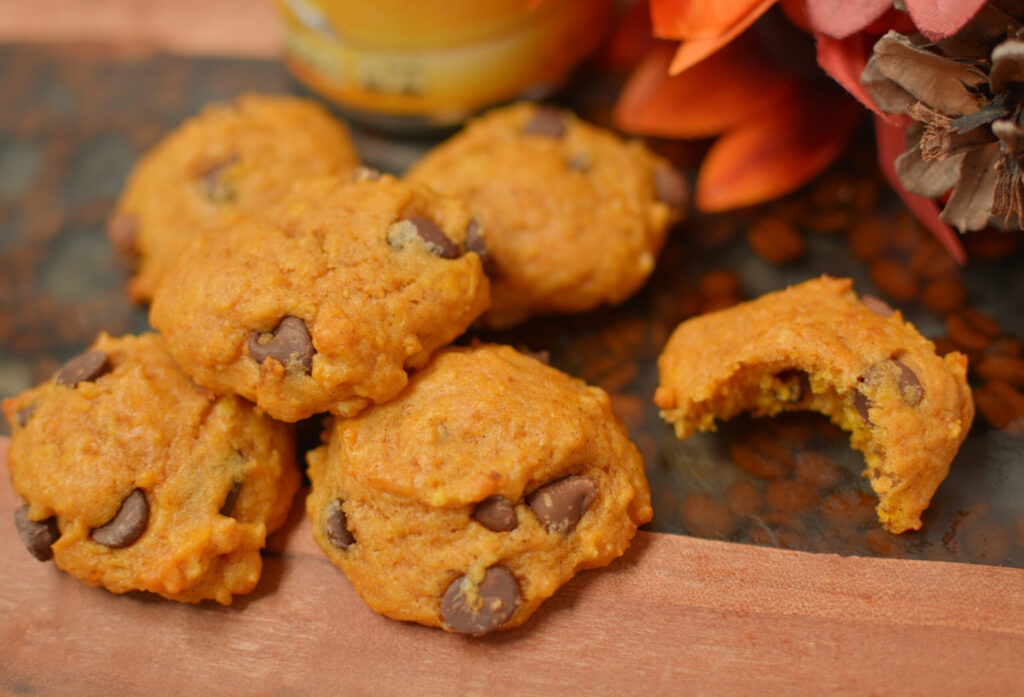 an up close look at pumpkin cookies with chocolate chips throughout.