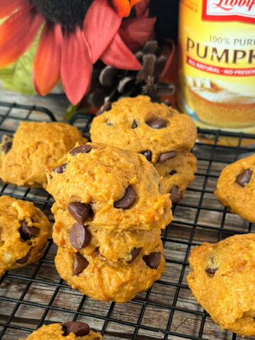 a stack of chocolate chip pumpkin cookies ready to be enjoyed.