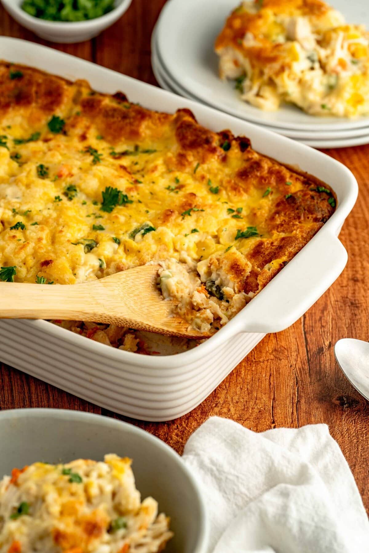 Chicken cobbler made with cheddar bay red lobster biscuits, chicken, and veggies.