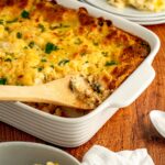 chicken cobbler made with cheddar bay red lobster biscuits, chicken, and veggies.