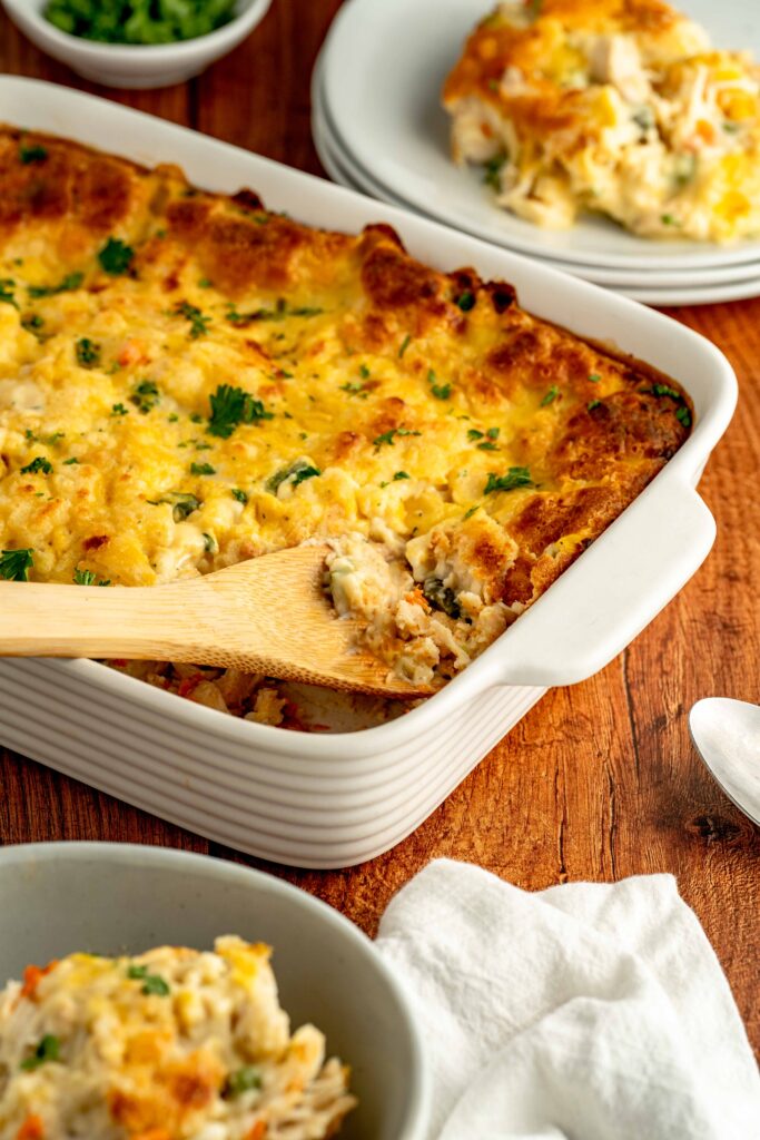 chicken cobbler made with cheddar bay red lobster biscuits, chicken, and veggies.